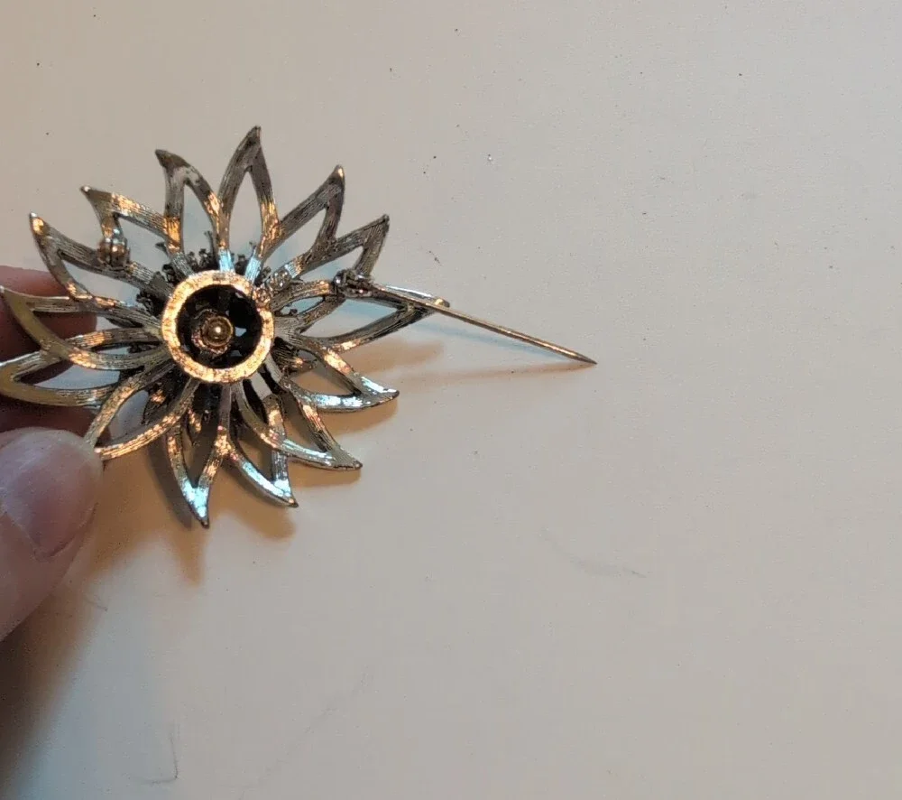 Vintage Signed Cora Silver Floral Crystal Brooch